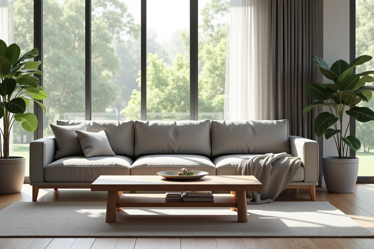 Salon moderne avec canapé gris et table en chêne