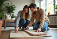 Jeune couple examine des échantillons de sol dans un intérieur moderne