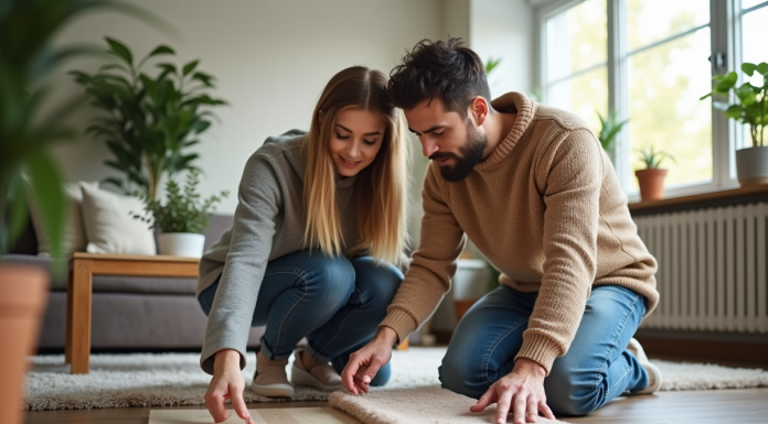 Jeune couple examine des échantillons de sol dans un intérieur moderne