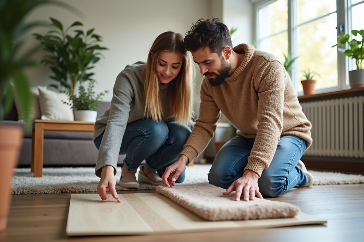 Jeune couple examine des échantillons de sol dans un intérieur moderne