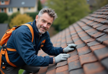 Ouvrier couvreur examinant des ardoises courbées sur un toit en pente