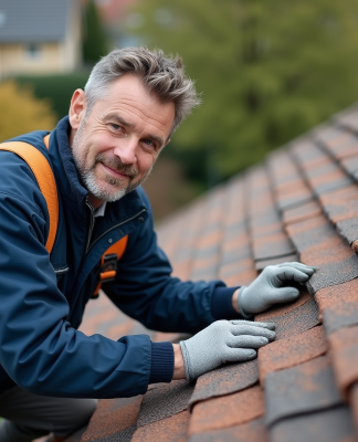 Ouvrier couvreur examinant des ardoises courbées sur un toit en pente