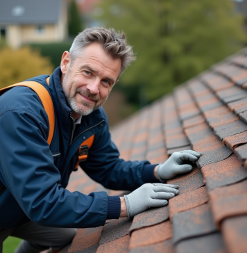 Ouvrier couvreur examinant des ardoises courbées sur un toit en pente