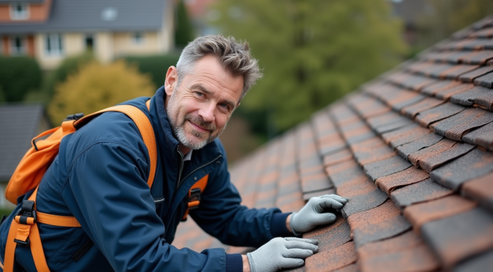 Ouvrier couvreur examinant des ardoises courbées sur un toit en pente
