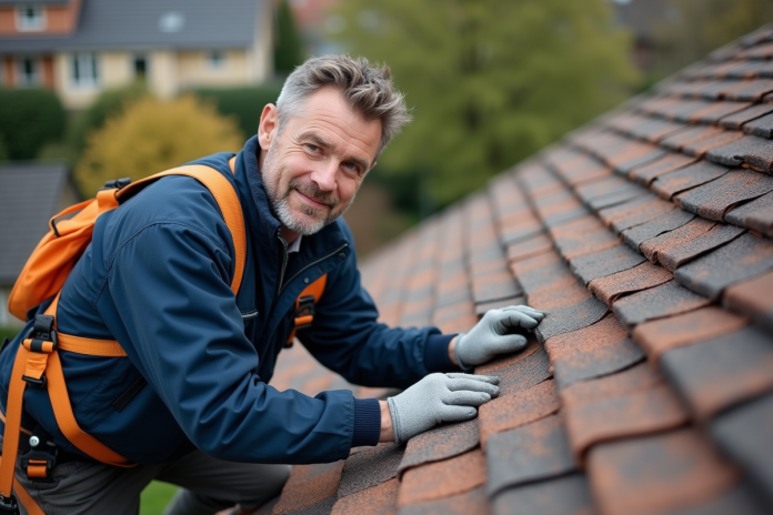 Ouvrier couvreur examinant des ardoises courbées sur un toit en pente