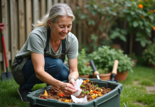 Femme en jardin compostant avec des tissus blancs