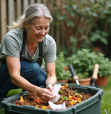Femme en jardin compostant avec des tissus blancs