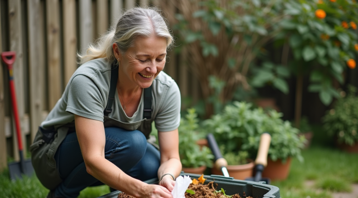 Femme en jardin compostant avec des tissus blancs