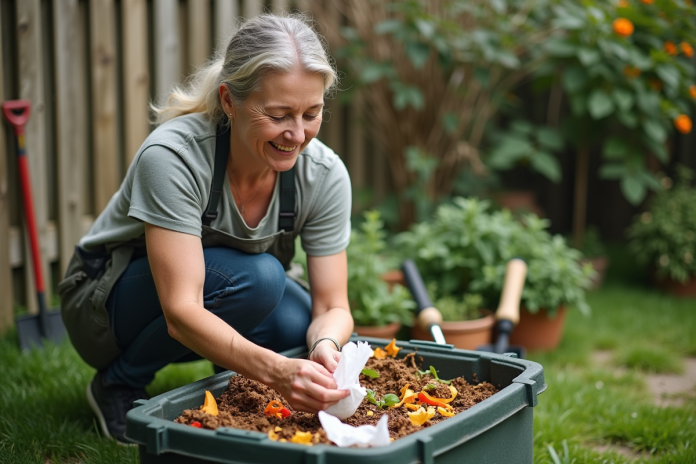 femme-compostage-jardin Femme en jardin compostant avec des tissus blancs