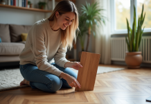 Femme en jeans compare deux échantillons de parquet