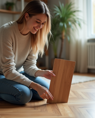 Femme en jeans compare deux échantillons de parquet