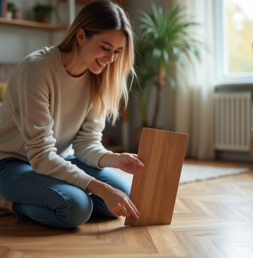 Différence parquet stratifié : avantages, inconvénients et choix adapté Femme en jeans compare deux échantillons de parquet