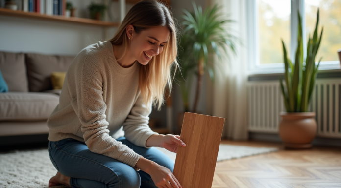 Femme en jeans compare deux échantillons de parquet