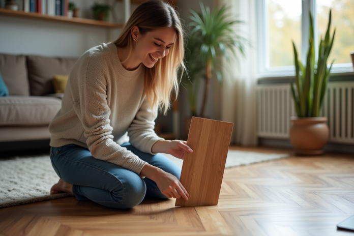Femme en jeans compare deux échantillons de parquet