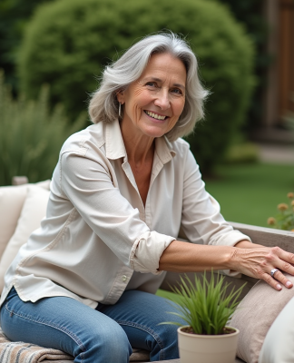 Femme arrangeant un coin détente dans un jardin accueillant