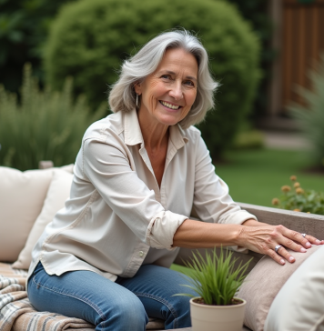 Femme arrangeant un coin détente dans un jardin accueillant