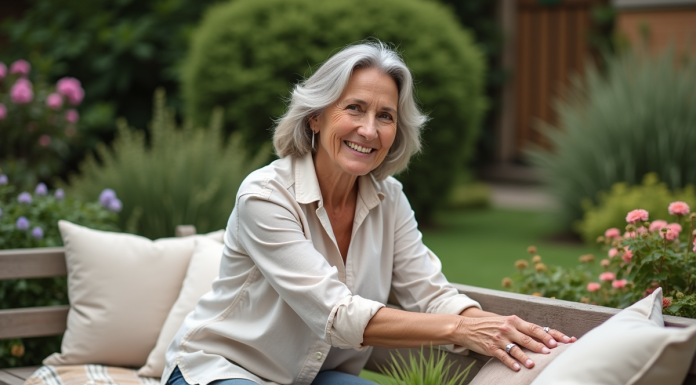 Femme arrangeant un coin détente dans un jardin accueillant