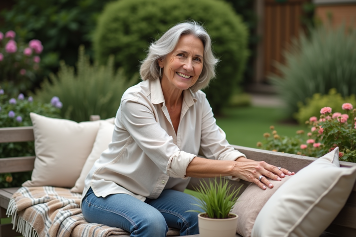 Femme arrangeant un coin détente dans un jardin accueillant