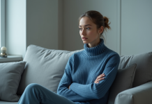 Couleurs qui donnent froid : comment les éviter pour une ambiance chaleureuse ? Femme en sweater bleu dans un salon minimaliste