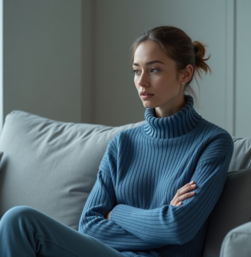 Couleurs qui donnent froid : comment les éviter pour une ambiance chaleureuse ? Femme en sweater bleu dans un salon minimaliste