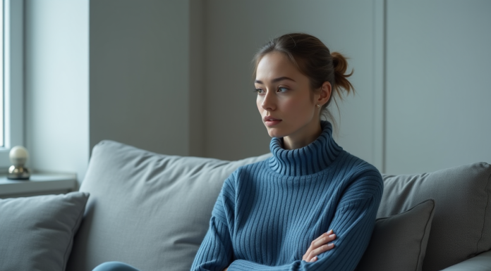Femme en sweater bleu dans un salon minimaliste