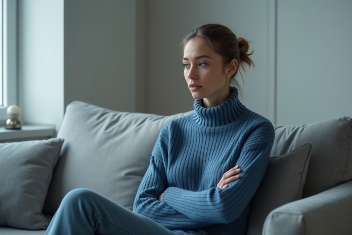 femme-salon-minimaliste Femme en sweater bleu dans un salon minimaliste