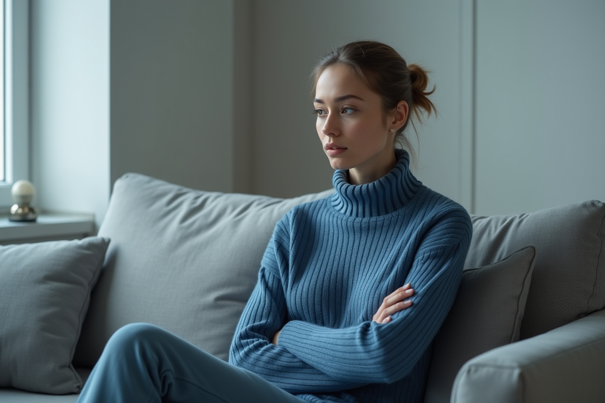 Femme en sweater bleu dans un salon minimaliste