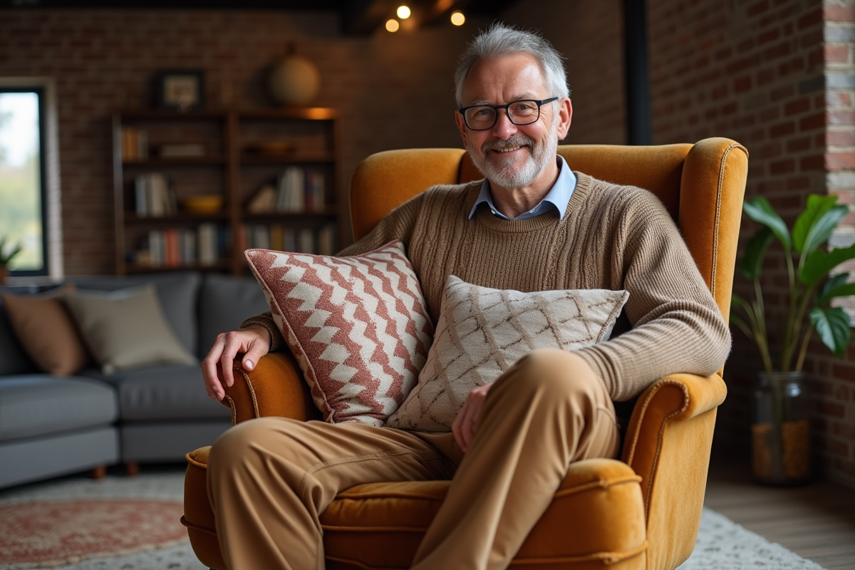 Homme souriant arrangeant des coussins dans un salon chaleureux