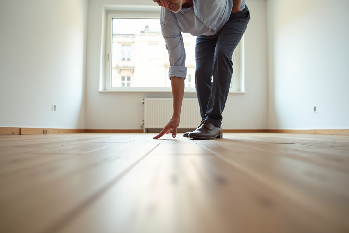 Homme dans une pièce lumineuse touche un parquet neuf