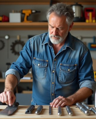 Homme d'âge moyen compare des outils dans un atelier organisé