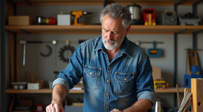 Homme d'âge moyen compare des outils dans un atelier organisé