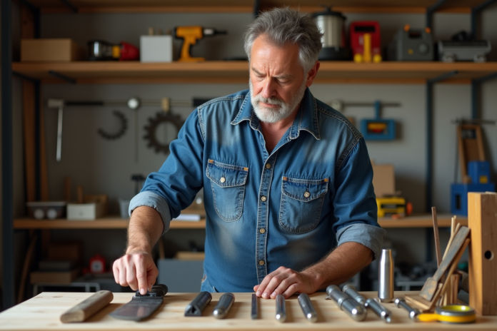 Homme d'âge moyen compare des outils dans un atelier organisé