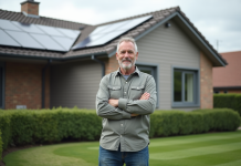 Homme examinant des panneaux solaires sur le toit d'une maison moderne