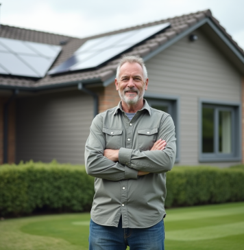 Homme examinant des panneaux solaires sur le toit d'une maison moderne