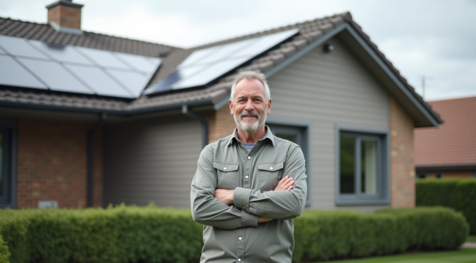 Homme examinant des panneaux solaires sur le toit d'une maison moderne