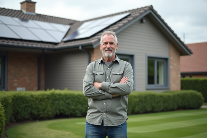 Homme examinant des panneaux solaires sur le toit d'une maison moderne