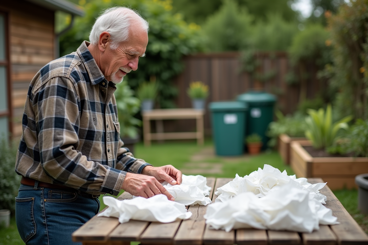 Homme triant des tissus blancs dans le jardin