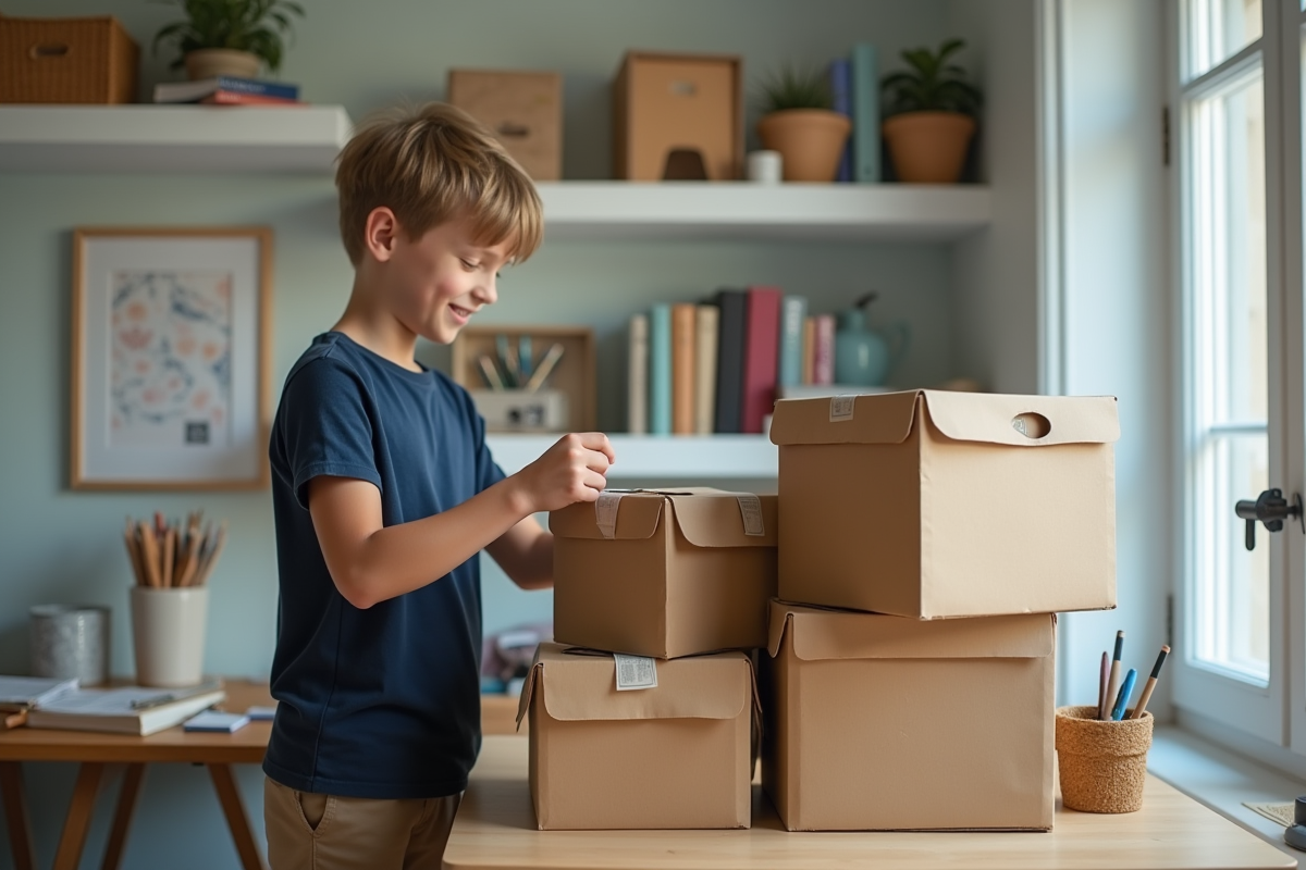 Adolescent étiquetant des boîtes à livres en carton dans un bureau cosy