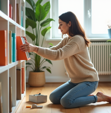 Femme arrangeant des organisateurs de livres colorés dans un salon lumineux