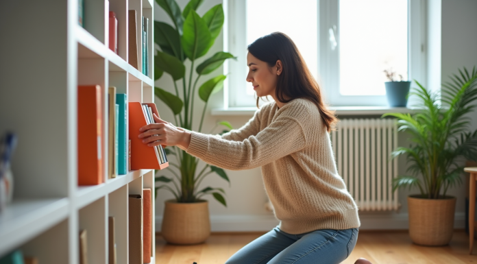 Femme arrangeant des organisateurs de livres colorés dans un salon lumineux