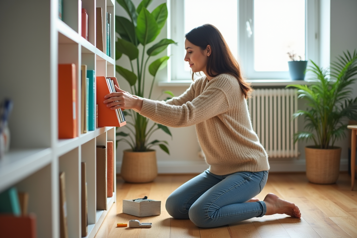 Femme arrangeant des organisateurs de livres colorés dans un salon lumineux