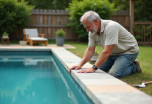 Astuce : Comment réussir le contour d’une piscine ? Homme posant des pierres naturelles autour de la piscine