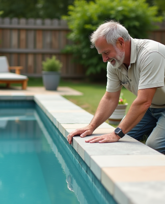 Homme posant des pierres naturelles autour de la piscine