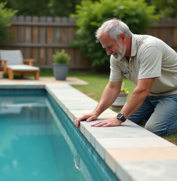 Homme posant des pierres naturelles autour de la piscine