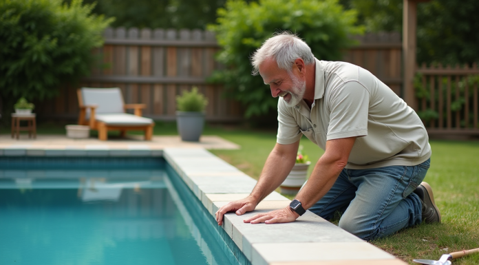 Homme posant des pierres naturelles autour de la piscine