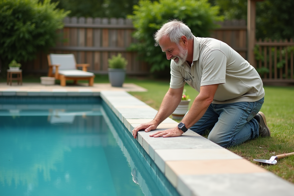 Homme posant des pierres naturelles autour de la piscine