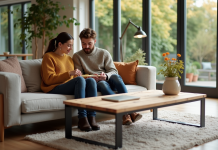 Meilleure taille table basse pour canapé 72 : conseils pratiques Jeune couple mesure une table basse dans un salon lumineux
