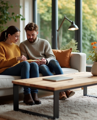 Jeune couple mesure une table basse dans un salon lumineux