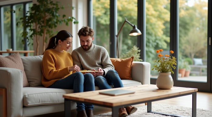 Jeune couple mesure une table basse dans un salon lumineux