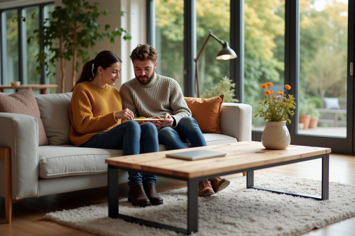 couple-mesure-table-salon Jeune couple mesure une table basse dans un salon lumineux